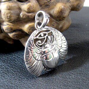 Solid 925 Sterling Silver Egyptian Scarab Beetle Pendant Eye of Horus Amulet
